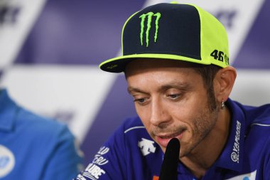 Buriram, Tayland - 6 Ekim 2018: Valentino Rossi Movista yamaha takım basın toplantısı BK Tayland grand prix 2018 chang Uluslararası pistinde öncesinde 