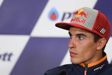 Buriram, Tayland - 6 Ekim 2018:Marc Marquez repsol honda takımı basın toplantısı BK Tayland grand prix 2018 chang Uluslararası pistinde öncesinde üzerinde 