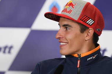 Buriram, Tayland - 6 Ekim 2018:Marc Marquez repsol honda takımı basın toplantısı BK Tayland grand prix 2018 chang Uluslararası pistinde öncesinde üzerinde 