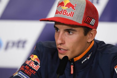 Buriram, Tayland - 6 Ekim 2018:Marc Marquez repsol honda takımı basın toplantısı BK Tayland grand prix 2018 chang Uluslararası pistinde öncesinde üzerinde 