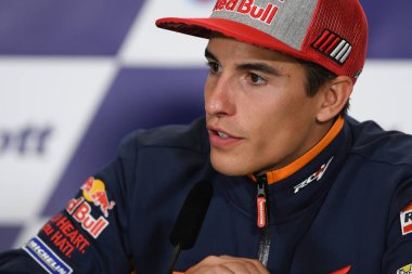 Buriram, Tayland - 6 Ekim 2018:Marc Marquez repsol honda takımı basın toplantısı BK Tayland grand prix 2018 chang Uluslararası pistinde öncesinde üzerinde 