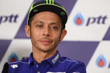 Buriram, Tayland - 6 Ekim 2018: Valentino Rossi Movista yamaha takım basın toplantısı BK Tayland grand prix 2018 chang Uluslararası pistinde öncesinde 