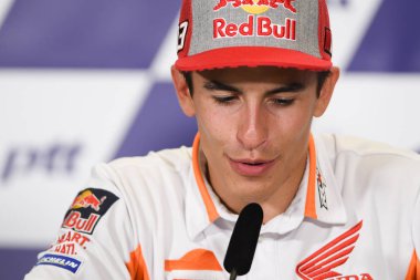 Buriram, Tayland - 6 Ekim 2018:Marc Marquez repsol honda takımı basın toplantısı BK Tayland grand prix 2018 chang Uluslararası pistinde öncesinde üzerinde 