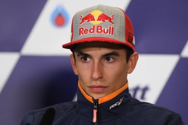 Buriram, Tayland - 6 Ekim 2018:Marc Marquez repsol honda takımı basın toplantısı BK Tayland grand prix 2018 chang Uluslararası pistinde öncesinde üzerinde 