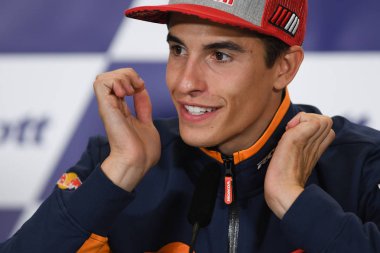 Buriram, Tayland - 6 Ekim 2018:Marc Marquez repsol honda takımı basın toplantısı BK Tayland grand prix 2018 chang Uluslararası pistinde öncesinde üzerinde 