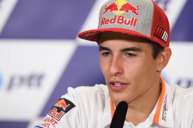 Buriram, Tayland - 6 Ekim 2018:Marc Marquez repsol honda takımı basın toplantısı BK Tayland grand prix 2018 chang Uluslararası pistinde öncesinde üzerinde 