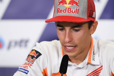 Buriram, Tayland - 6 Ekim 2018:Marc Marquez repsol honda takımı basın toplantısı BK Tayland grand prix 2018 chang Uluslararası pistinde öncesinde üzerinde 