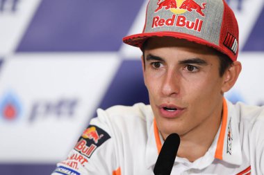 Buriram, Tayland - 6 Ekim 2018:Marc Marquez repsol honda takımı basın toplantısı BK Tayland grand prix 2018 chang Uluslararası pistinde öncesinde üzerinde 