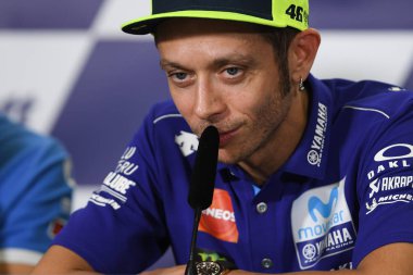 Buriram, Tayland - 6 Ekim 2018: Valentino Rossi Movista yamaha takım basın toplantısı BK Tayland grand prix 2018 chang Uluslararası pistinde öncesinde 