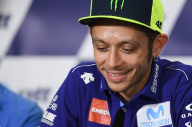 Buriram, Tayland - 6 Ekim 2018: Valentino Rossi Movista yamaha takım basın toplantısı BK Tayland grand prix 2018 chang Uluslararası pistinde öncesinde 