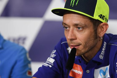 Buriram, Tayland - 6 Ekim 2018: Valentino Rossi Movista yamaha takım basın toplantısı BK Tayland grand prix 2018 chang Uluslararası pistinde öncesinde 