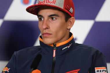 Buriram, Tayland - 6 Ekim 2018:Marc Marquez repsol honda takımı basın toplantısı BK Tayland grand prix 2018 chang Uluslararası pistinde öncesinde üzerinde 