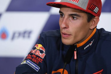 Buriram, Tayland - 6 Ekim 2018:Marc Marquez repsol honda takımı basın toplantısı BK Tayland grand prix 2018 chang Uluslararası pistinde öncesinde üzerinde 