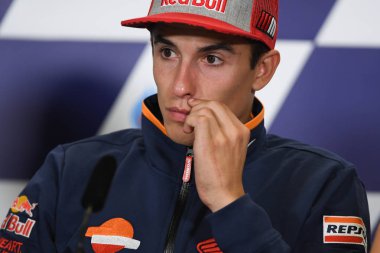 Buriram, Tayland - 6 Ekim 2018:Marc Marquez repsol honda takımı basın toplantısı BK Tayland grand prix 2018 chang Uluslararası pistinde öncesinde üzerinde 