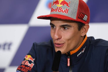 Buriram, Tayland - 6 Ekim 2018:Marc Marquez repsol honda takımı basın toplantısı BK Tayland grand prix 2018 chang Uluslararası pistinde öncesinde üzerinde 