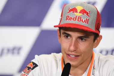 Buriram, Tayland - 6 Ekim 2018:Marc Marquez repsol honda takımı basın toplantısı BK Tayland grand prix 2018 chang Uluslararası pistinde öncesinde üzerinde 