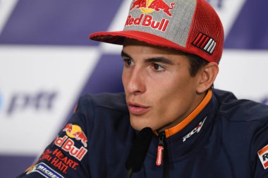 Buriram, Tayland - 6 Ekim 2018:Marc Marquez repsol honda takımı basın toplantısı BK Tayland grand prix 2018 chang Uluslararası pistinde öncesinde üzerinde 