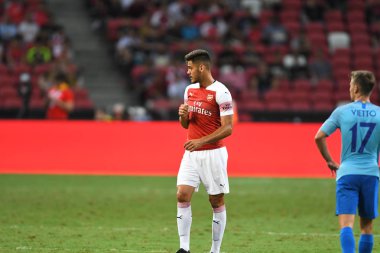 Kallang-Singapur-26Jul2018: Konstantinos mavropanos # 27 Arsenal Player in action before icc2018 at the Arsenal against atletico de madrid at national stadium, Singgapur