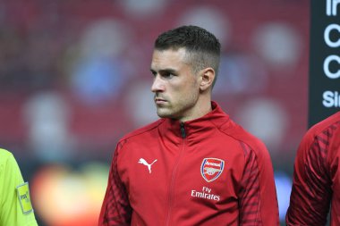 Kallang-Singapur-26Jul2018: Aaron Ramsey # 8 Arsenal oyuncusu icc2018 'de atletico de madrid' e karşı ulusal stadyum, Singgapur 'da oynuyordu.