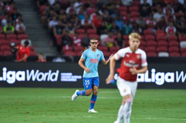 Kallang-Singapur-26Jul2018: Francisco montero # 35 Atletico Madrid oyuncusu atletico de Madrid Ulusal Stadyumu, Singapur 'daki cephaneliğe karşı 2018' den önce harekete geçti.