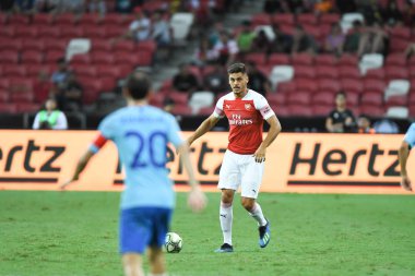 Kallang-Singapur - 26 Temmuz 2018: Konstantinos mavropanos #27 oyuncu Atletico madrid atletico de madrid Singapur Ulusal Stadyumu'nda karşı arsenal arasında icc2018 önce eylem