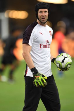 Kallang-Singapur-26Jul2018: icc2018 'de atletico de madrid' e karşı ulusal stadyum, Singapur 'da cephanelik savaşı sırasında petr cech oynuyordu