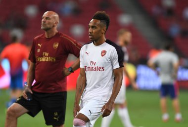 Kallang-Singapur - 26 Temmuz 2018: Pierre-Emerick Aubameyang oyuncu icc2018 de Fenerbahçe Singapur Ulusal Stadyumu'nda karşı arsenal arasında sırasında eylem Arsenal