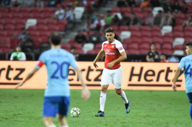 Kallang-Singapur - 26 Temmuz 2018: Konstantinos mavropanos #27 oyuncu Atletico madrid atletico de madrid Singapur Ulusal Stadyumu'nda karşı arsenal arasında icc2018 önce eylem