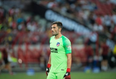 Kallang-Singapur-26Jul2018: Antonio adan # 1 Atletico Madrid Oyuncusu buz 2018 'den önce atletico de madrid Ulusal Stadyumu, Singapur' daki cephaneliğe karşı savaştı