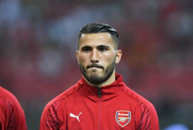 Kallang-Singapur-26Jul2018: Sead Kolasinac # 31 Arsenal oyuncusu icc2018 'de atletico de madrid' e karşı ulusal stadyum, Singgapur