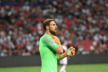 Kallang-Singapur-26Jul2018: Antonio adan # 1 Atletico Madrid Oyuncusu buz 2018 'den önce atletico de madrid Ulusal Stadyumu, Singapur' daki cephaneliğe karşı savaştı