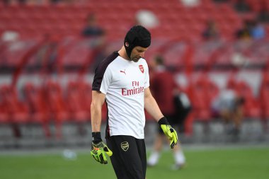 Kallang-Singapur-26Jul2018: icc2018 'de atletico de madrid' e karşı ulusal stadyum, Singapur 'da cephanelik savaşı sırasında petr cech oynuyordu