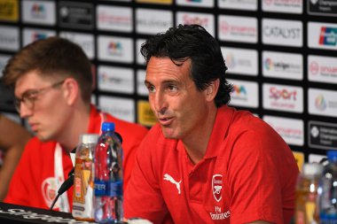Kallang-Singapur-26Jul2018: Unai Emery Cephanelik Basın Konferansı 'ndan sonra Arsenal ile Singapur Milli Stadyumu' ndaki Atletico de Madrid maçının ardından Arsenal 'in baş antrenörü