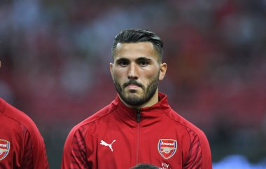 Kallang-Singapur-26Jul2018: Sead Kolasinac # 31 Arsenal oyuncusu icc2018 'de atletico de madrid' e karşı ulusal stadyum, Singgapur