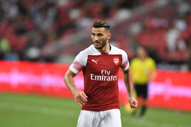 Kallang-Singapur-26Jul2018: Sead Kolasinac # 31 Arsenal oyuncusu icc2018 'de atletico de madrid' e karşı ulusal stadyum, Singgapur