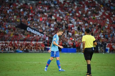 Kallang-Singapur-26Jul2018: Borja Garces # 32 Atletico Madrid Oyuncusu, atletico de Madrid Ulusal Stadyumu, Singapur 'daki cephaneliğe karşı 2018' den önce harekete geçti.