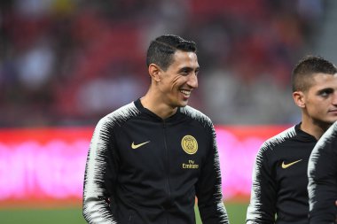 Kallang-Singapur-30Jul2018: Angel Di Maria # 11 PSG oyuncusu icc2018 'de Atletico Madrid ile Singapur' daki Paris Saint-Alman Ulusal Stadyumu 'nda karşı karşıya geldi.