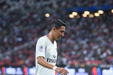Kallang-Singapur-30Jul2018: Angel Di Maria # 11 PSG oyuncusu icc2018 'de Atletico Madrid ile Singapur' daki Paris Saint-Alman Ulusal Stadyumu 'nda karşı karşıya geldi.