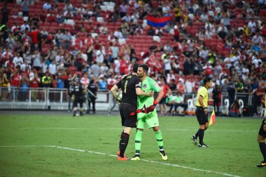 Kallang-Singapur-26Jul2018: Antonio adan # 1 Atletico Madrid Oyuncusu buz 2018 'den önce atletico de madrid Ulusal Stadyumu, Singapur' daki cephaneliğe karşı savaştı