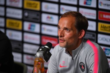Kallang-Singapur - 28 Temmuz 2018: Thomas tuchel Psg basın toplantısından sonra paris saint-Alman Ulusal Stadyumu'nda, Singapur karşı arsenal arasında maç icc2018 Direktör