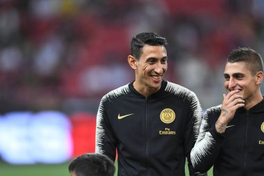 Kallang-Singapur-30Jul2018: Angel Di Maria # 11 PSG oyuncusu icc2018 'de Atletico Madrid ile Singapur' daki Paris Saint-Alman Ulusal Stadyumu 'nda karşı karşıya geldi.
