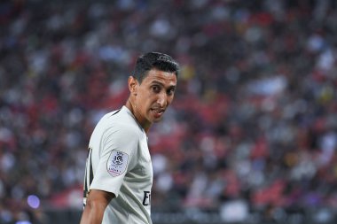 Kallang-Singapur-30Jul2018: Angel Di Maria # 11 PSG oyuncusu icc2018 'de Atletico Madrid ile Singapur' daki Paris Saint-Alman Ulusal Stadyumu 'nda karşı karşıya geldi.