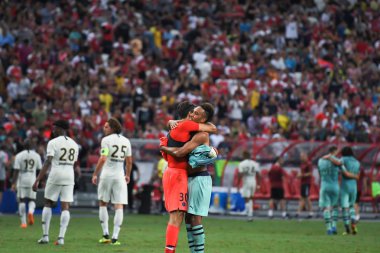 Kallang-Singapur-28 Temmuz 2018: Pierre-Emerick Aubameyang # 14 cephanelik oyuncusunun icc2018 'de Paris Saint-Alman Ulusal Stadyumu, Singapur' daki cephaneliğe karşı çarpışması