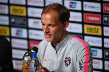 Kallang-Singapur - 28 Temmuz 2018: Thomas tuchel Psg basın toplantısından sonra paris saint-Alman Ulusal Stadyumu'nda, Singapur karşı arsenal arasında maç icc2018 Direktör