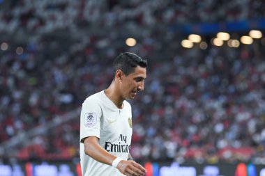 Kallang-Singapur-30Jul2018: Angel Di Maria # 11 PSG oyuncusu icc2018 'de Atletico Madrid ile Singapur' daki Paris Saint-Alman Ulusal Stadyumu 'nda karşı karşıya geldi.