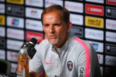 Kallang-Singapur - 28 Temmuz 2018: Thomas tuchel Psg basın toplantısından sonra paris saint-Alman Ulusal Stadyumu'nda, Singapur karşı arsenal arasında maç icc2018 Direktör