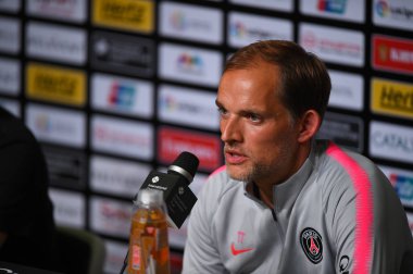 Kallang-Singapur - 28 Temmuz 2018: Thomas tuchel Psg basın toplantısından sonra paris saint-Alman Ulusal Stadyumu'nda, Singapur karşı arsenal arasında maç icc2018 Direktör