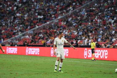 Kallang-Singapur-30Jul2018: Angel Di Maria # 11 PSG oyuncusu icc2018 'de Atletico Madrid ile Singapur' daki Paris Saint-Alman Ulusal Stadyumu 'nda karşı karşıya geldi.