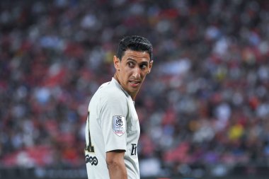 Kallang-Singapur-30Jul2018: Angel Di Maria # 11 PSG oyuncusu icc2018 'de Atletico Madrid ile Singapur' daki Paris Saint-Alman Ulusal Stadyumu 'nda karşı karşıya geldi.