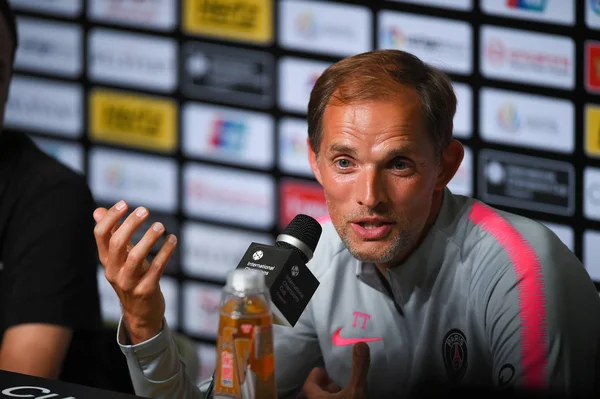 Kallang-Singapur - 28 Temmuz 2018: Thomas tuchel Psg basın toplantısından sonra paris saint-Alman Ulusal Stadyumu'nda, Singapur karşı arsenal arasında maç icc2018 Direktör